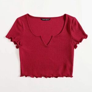 Derek Heart Red Tee Cropped Notch Neck Lettuce Edge Cuff and Hem Women's Size S
